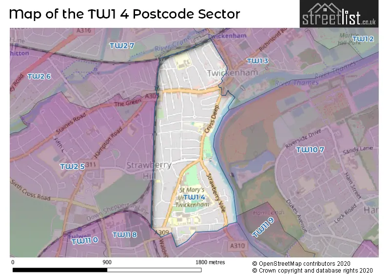 Map of the TW1 4 and surrounding postcode sector