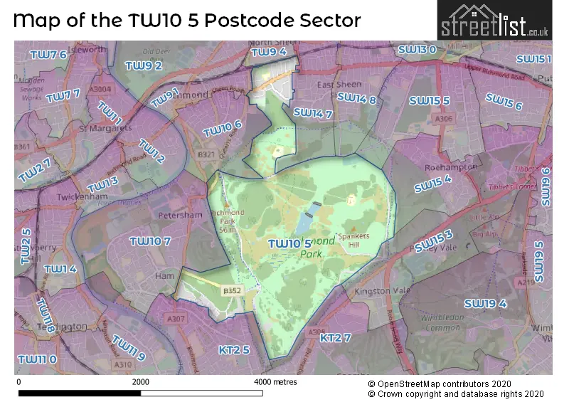 Map of the TW10 5 and surrounding postcode sector