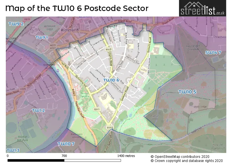 Map of the TW10 6 and surrounding postcode sector