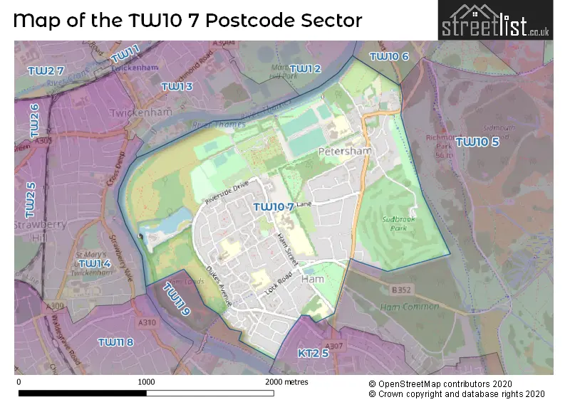Map of the TW10 7 and surrounding postcode sector