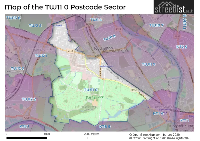 Map of the TW11 0 and surrounding postcode sector