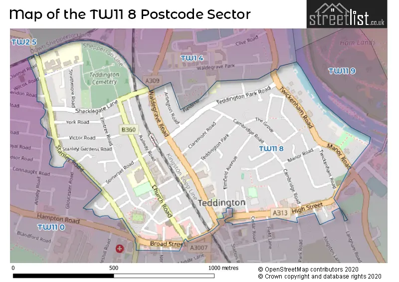 Map of the TW11 8 and surrounding postcode sector