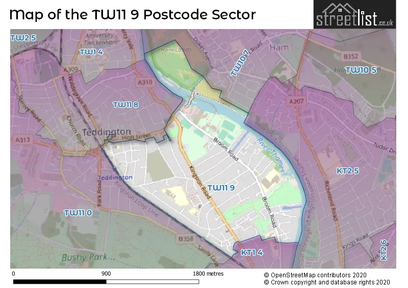 Map of the TW11 9 and surrounding postcode sector