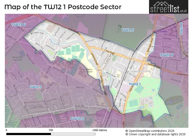 Map of the TW12 1 and surrounding postcode sector