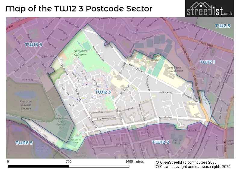Map of the TW12 3 and surrounding postcode sector