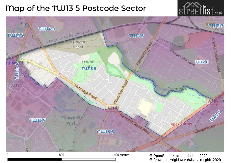 Map of the TW13 5 and surrounding postcode sector
