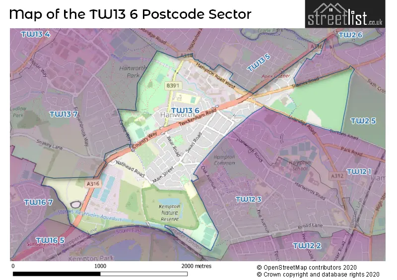 Map of the TW13 6 and surrounding postcode sector
