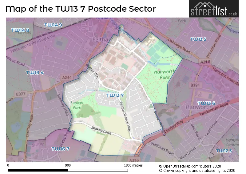 Map of the TW13 7 and surrounding postcode sector