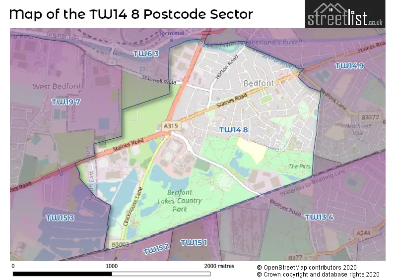 Map of the TW14 8 and surrounding postcode sector