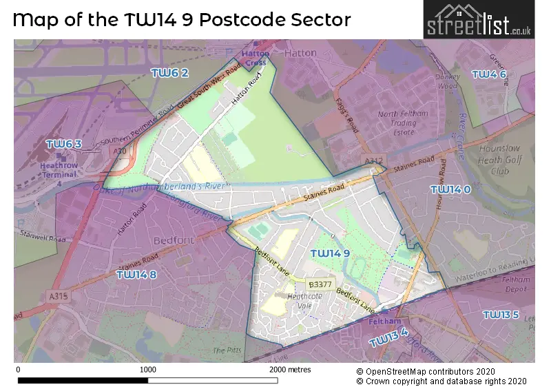 Map of the TW14 9 and surrounding postcode sector