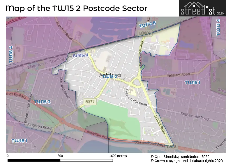 Map of the TW15 2 and surrounding postcode sector