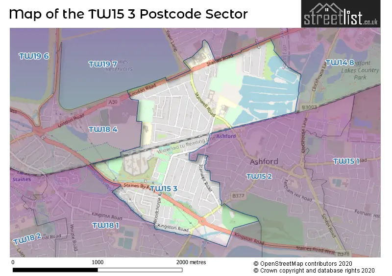 Map of the TW15 3 and surrounding postcode sector