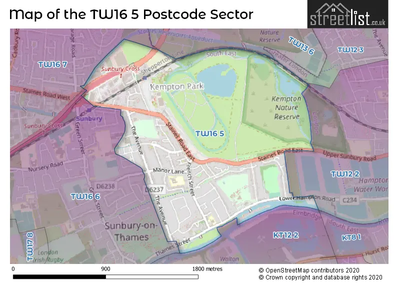 Map of the TW16 5 and surrounding postcode sector