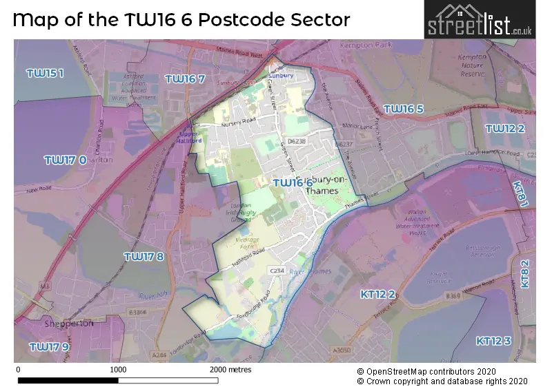 Map of the TW16 6 and surrounding postcode sector