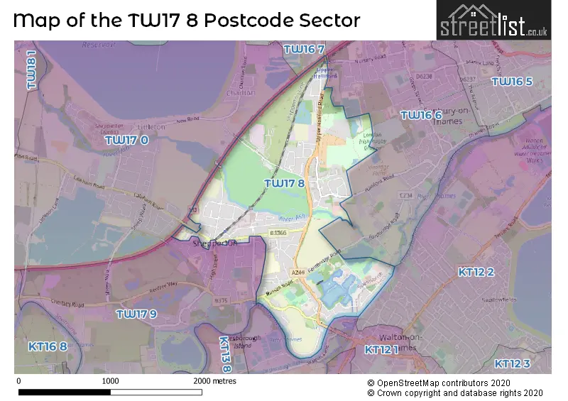 Map of the TW17 8 and surrounding postcode sector