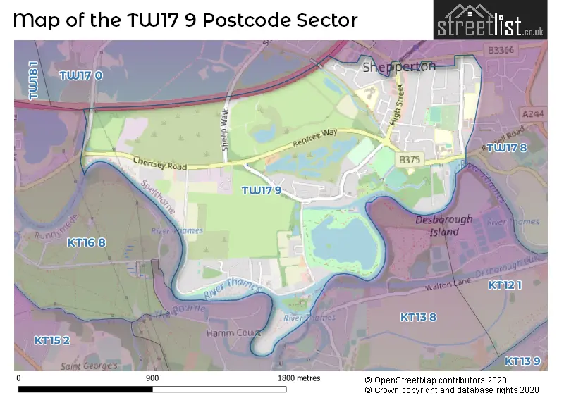 Map of the TW17 9 and surrounding postcode sector