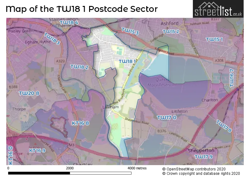 Map of the TW18 1 and surrounding postcode sector