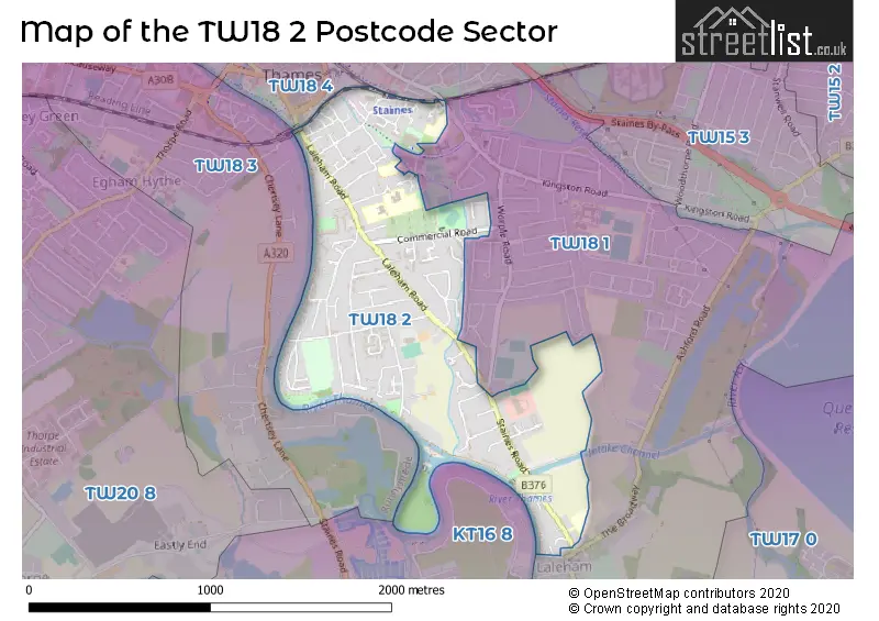 Map of the TW18 2 and surrounding postcode sector