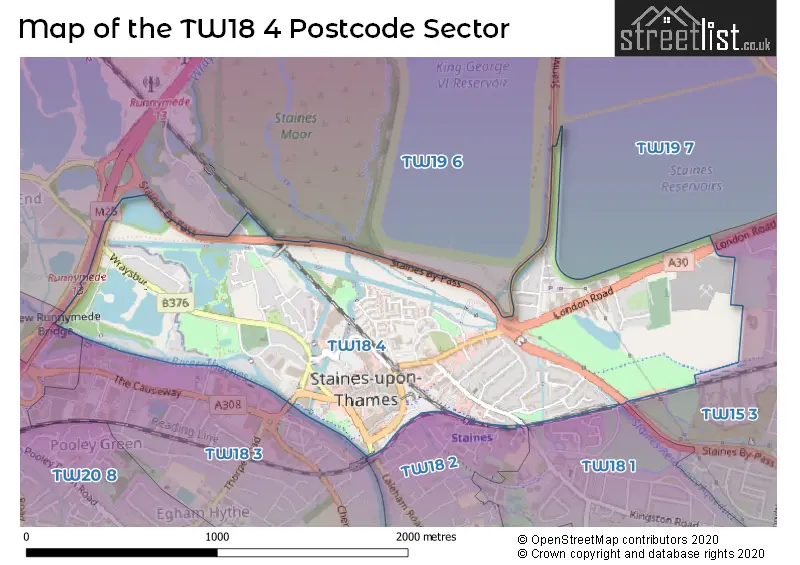 Map of the TW18 4 and surrounding postcode sector