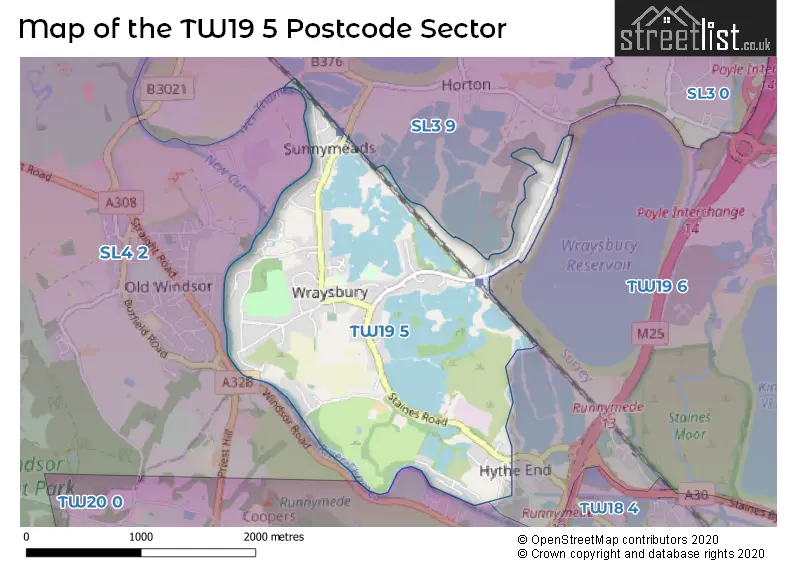 Map of the TW19 5 and surrounding postcode sector