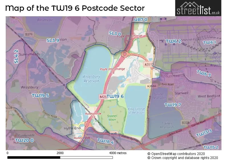 Map of the TW19 6 and surrounding postcode sector