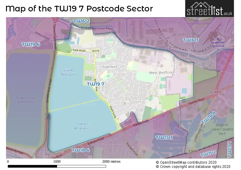 Map of the TW19 7 and surrounding postcode sector