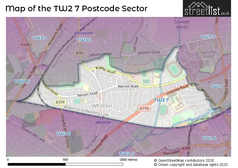 Map of the TW2 7 and surrounding postcode sector