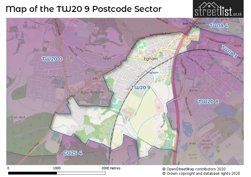 Map of the TW20 9 and surrounding postcode sector