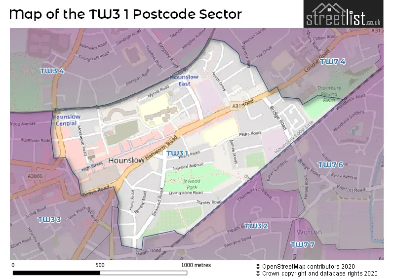 Map of the TW3 1 and surrounding postcode sector