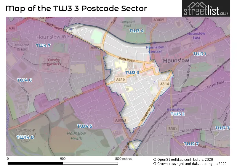 Map of the TW3 3 and surrounding postcode sector