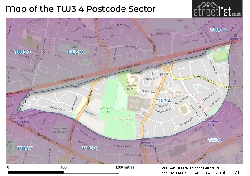 Map of the TW3 4 and surrounding postcode sector