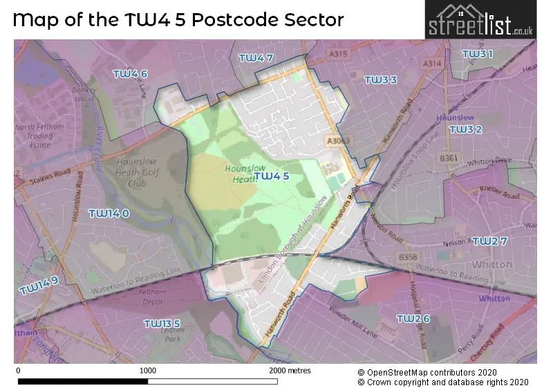 Map of the TW4 5 and surrounding postcode sector