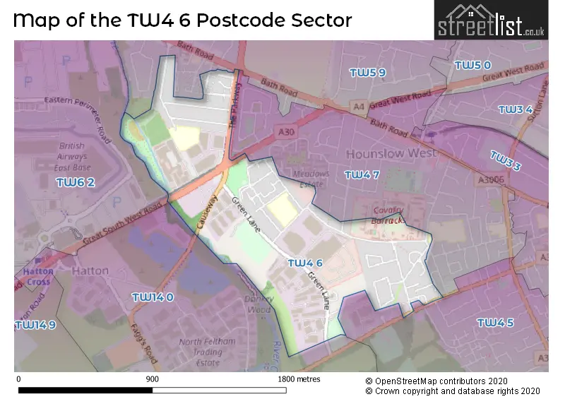 Map of the TW4 6 and surrounding postcode sector