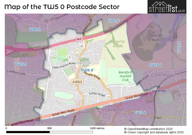 Map of the TW5 0 and surrounding postcode sector