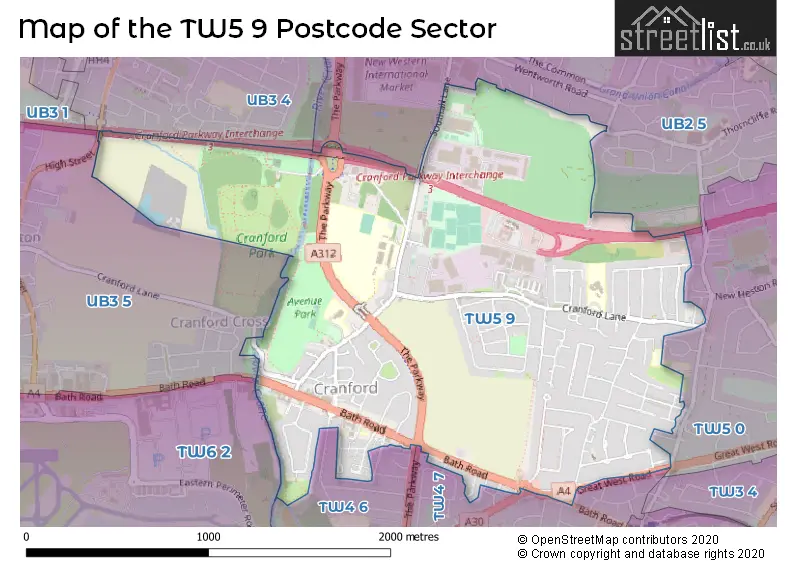Map of the TW5 9 and surrounding postcode sector