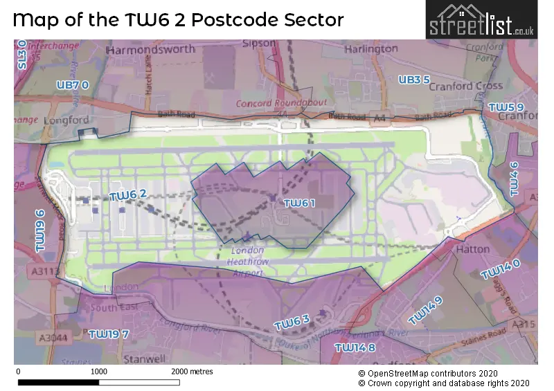 Map of the TW6 2 and surrounding postcode sector