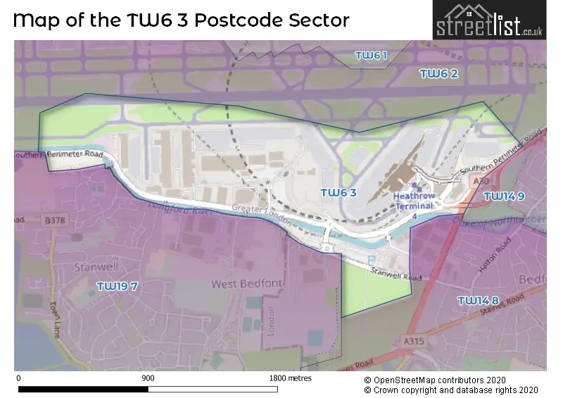 Map of the TW6 3 and surrounding postcode sector