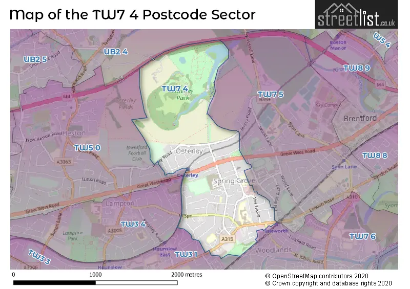 Map of the TW7 4 and surrounding postcode sector