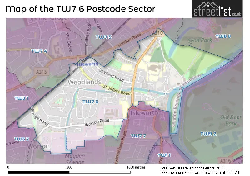 Map of the TW7 6 and surrounding postcode sector