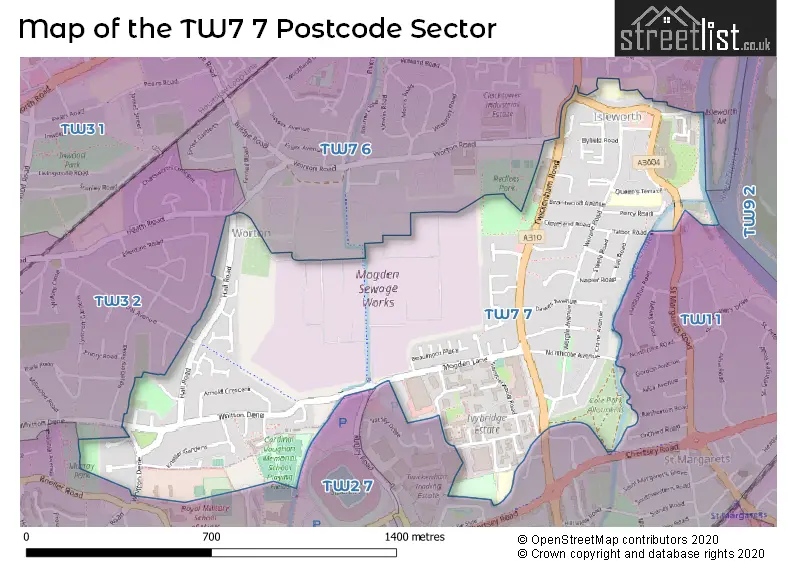 Map of the TW7 7 and surrounding postcode sector