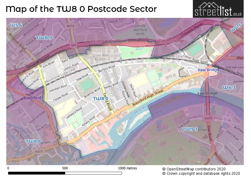 Map of the TW8 0 and surrounding postcode sector