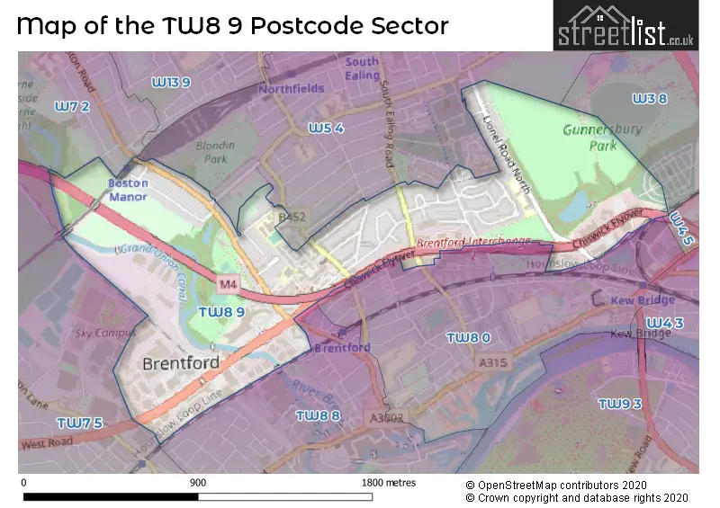 Map of the TW8 9 and surrounding postcode sector