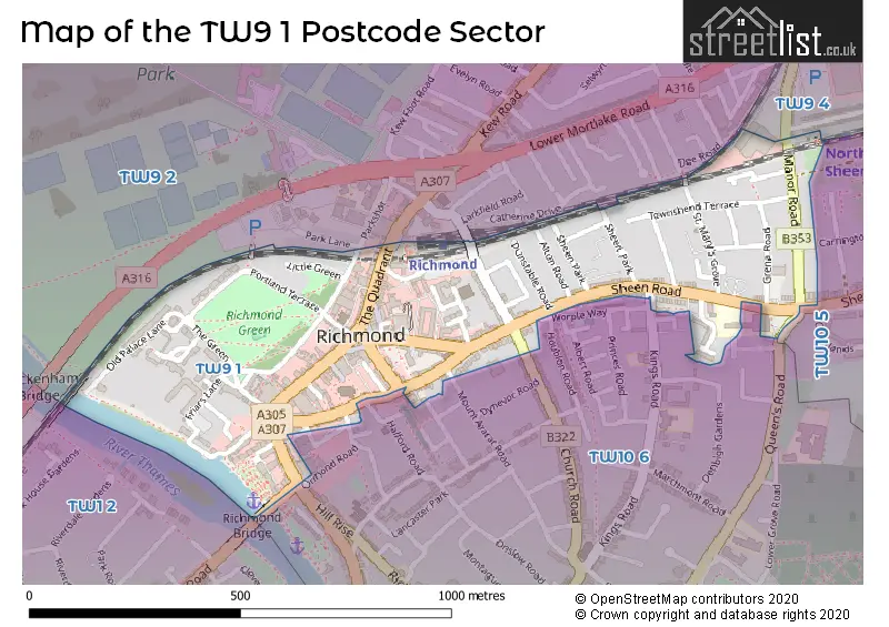 Map of the TW9 1 and surrounding postcode sector