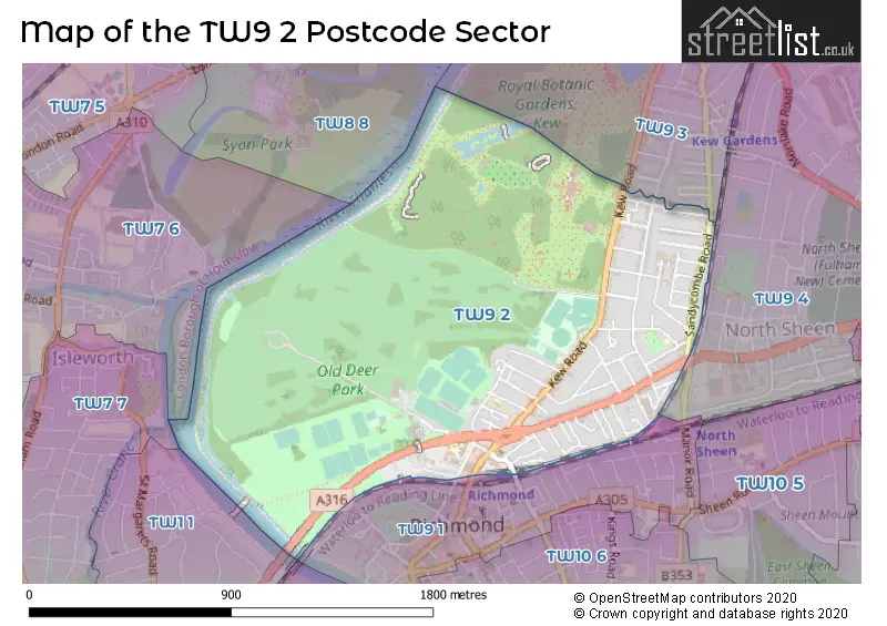 Map of the TW9 2 and surrounding postcode sector