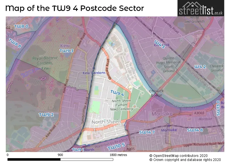 Map of the TW9 4 and surrounding postcode sector