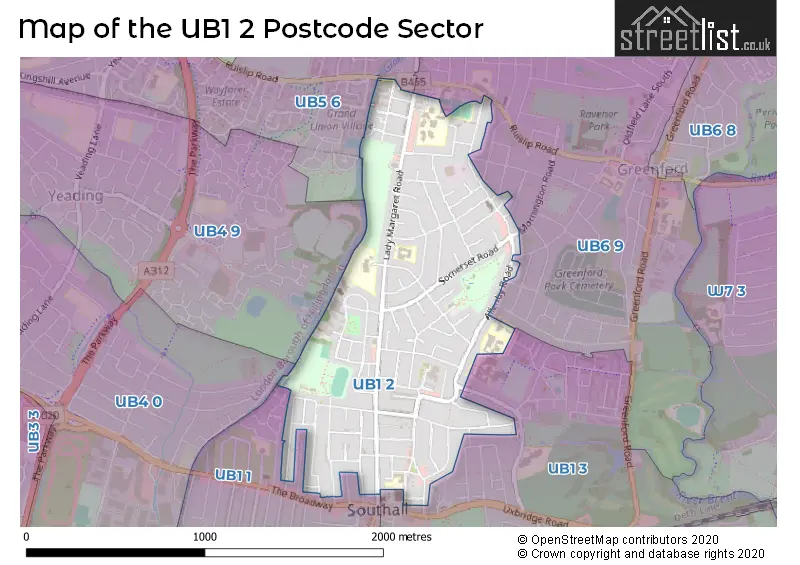 Map of the UB1 2 and surrounding postcode sector