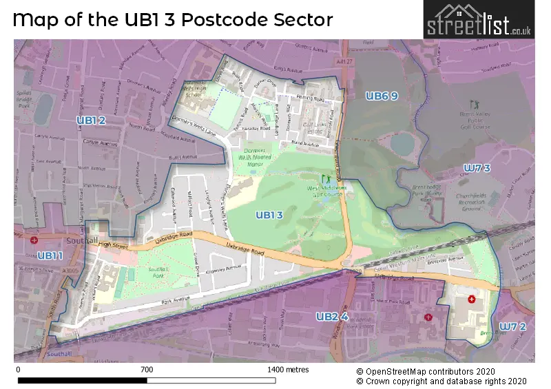Map of the UB1 3 and surrounding postcode sector