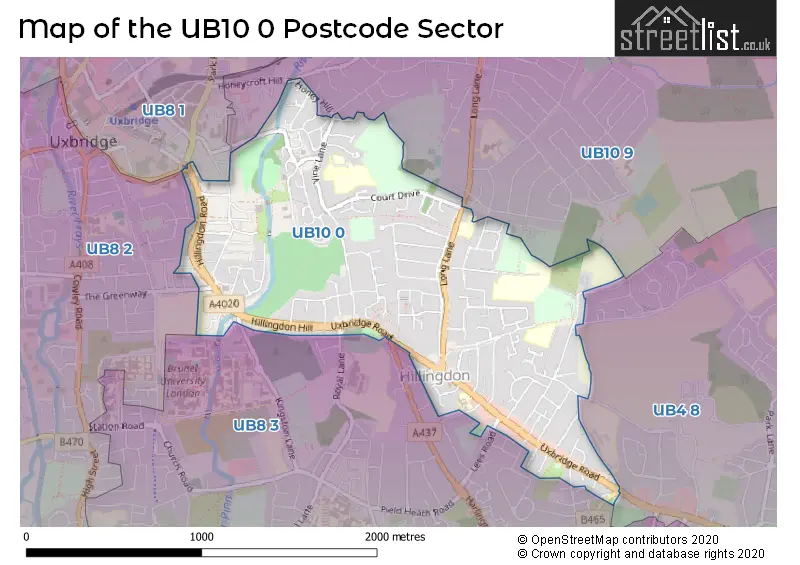Map of the UB10 0 and surrounding postcode sector