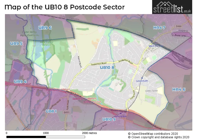 Map of the UB10 8 and surrounding postcode sector