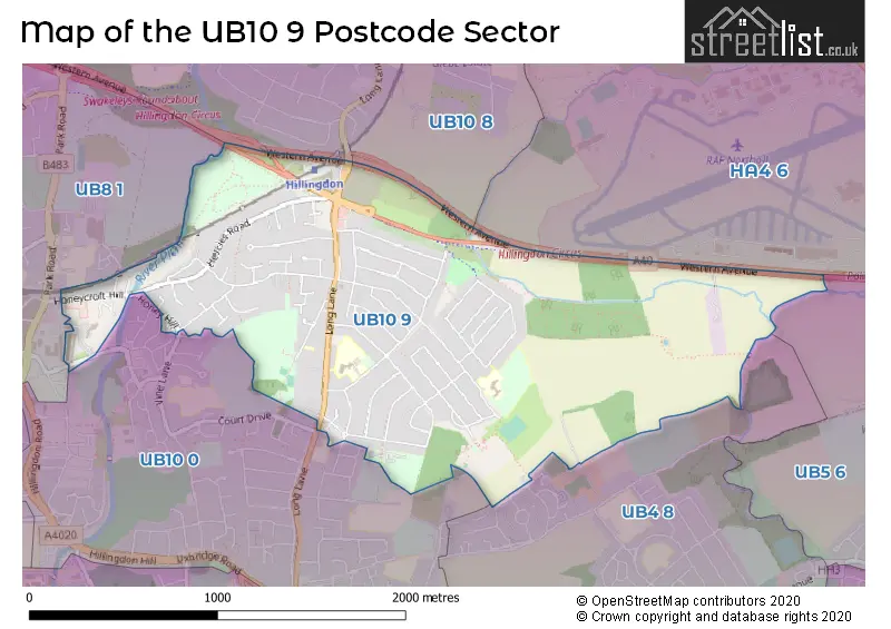 Map of the UB10 9 and surrounding postcode sector